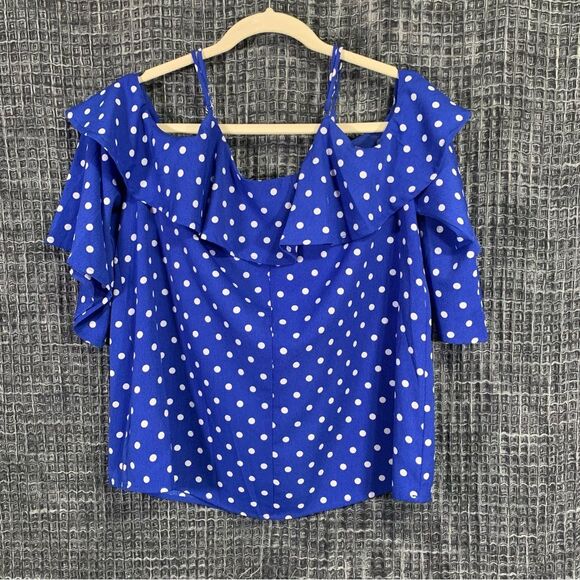 UMGEE USA Cold Shoulder Blouse Blue White Polka Dots Flutter Sleeve Medium #726 - Picture 4 of 8